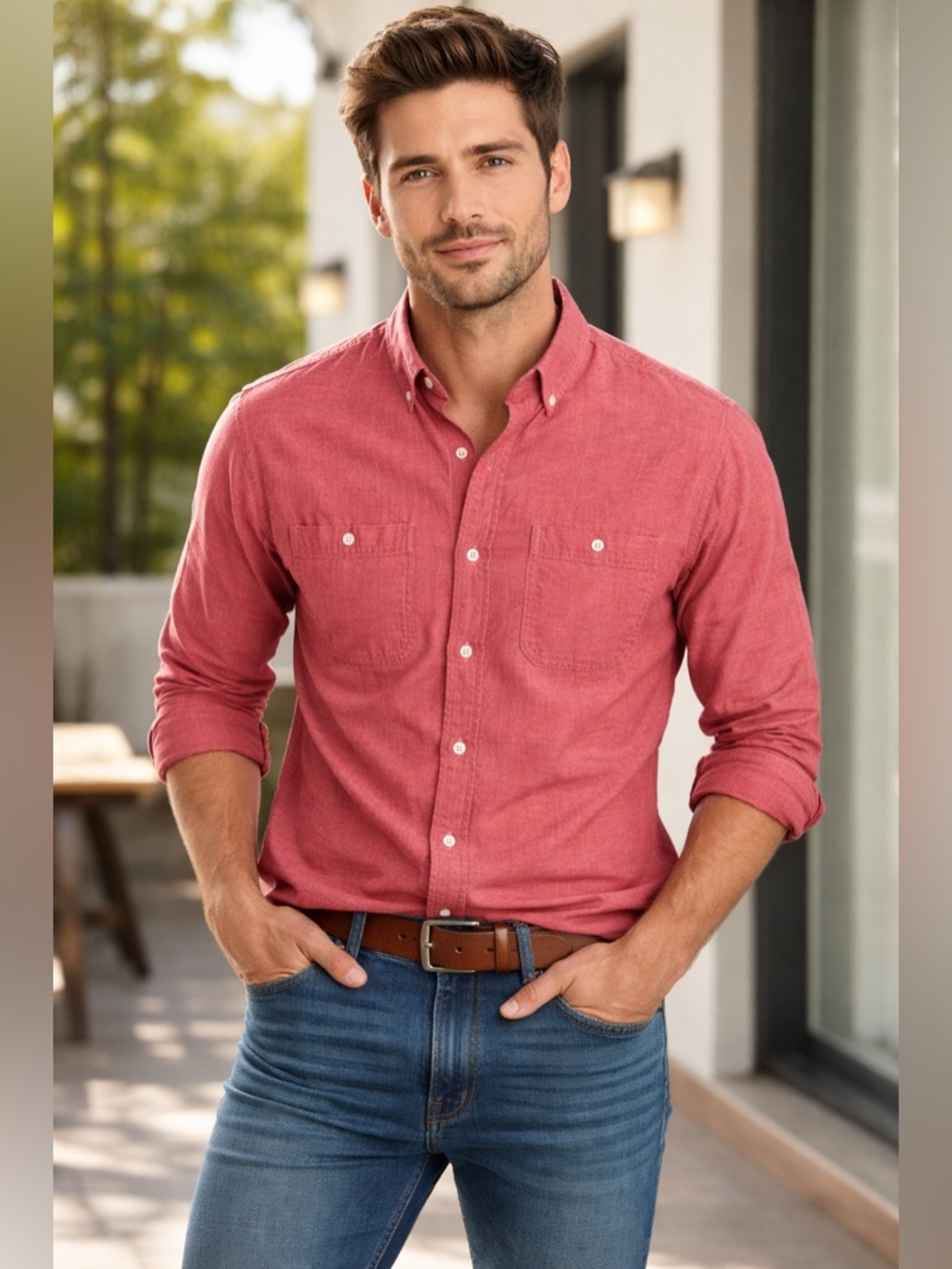 Chaps Men's Casual Button-Down Shirt in Coral Red